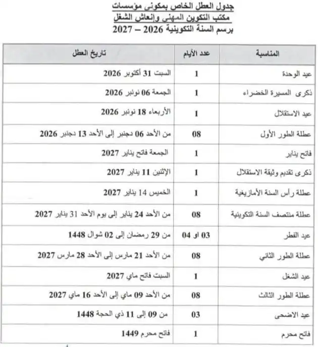 جدول العطل الخاص بمكوني مؤسسات مكتب التكوين المهني وإنعاش الشغل 2026-2027
